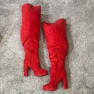 Red Faux Suede Over-the-Knee Wide Calf Platform Boots